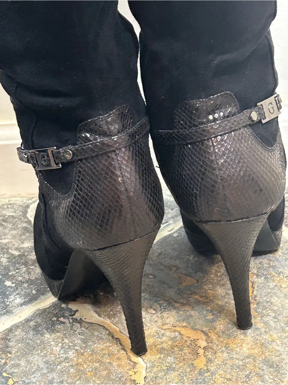 Guess Black Suede Over-the-Knee Platform Stiletto Boots with Textured Heel